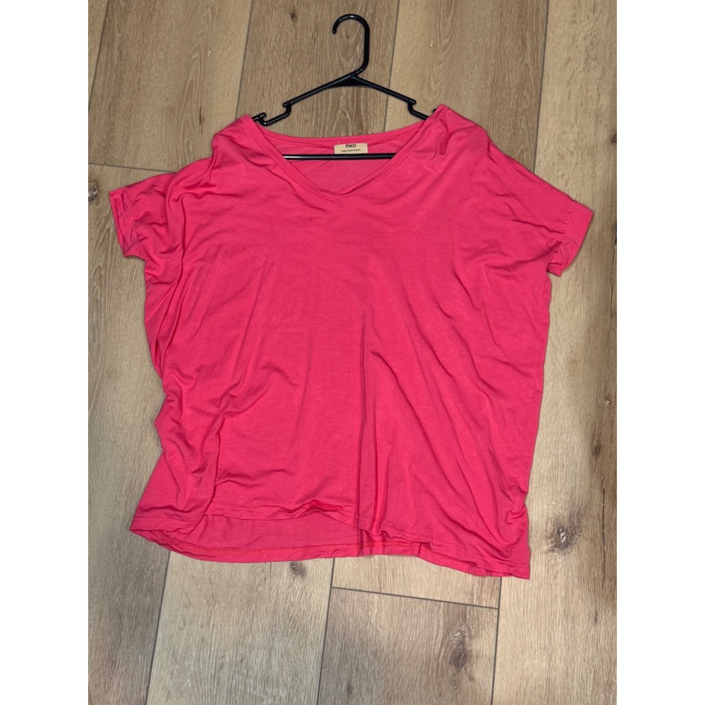 Piko Green Earth Fashion Womens Pink V-Neck Oversized Short Sleeve T-Shirt Small